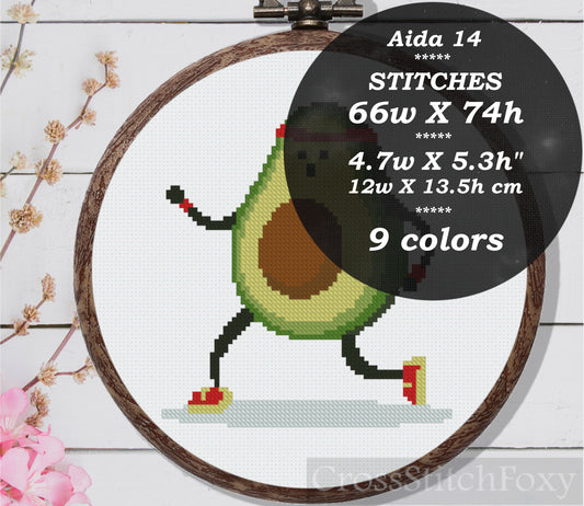 Running Avocado cross stitch pattern