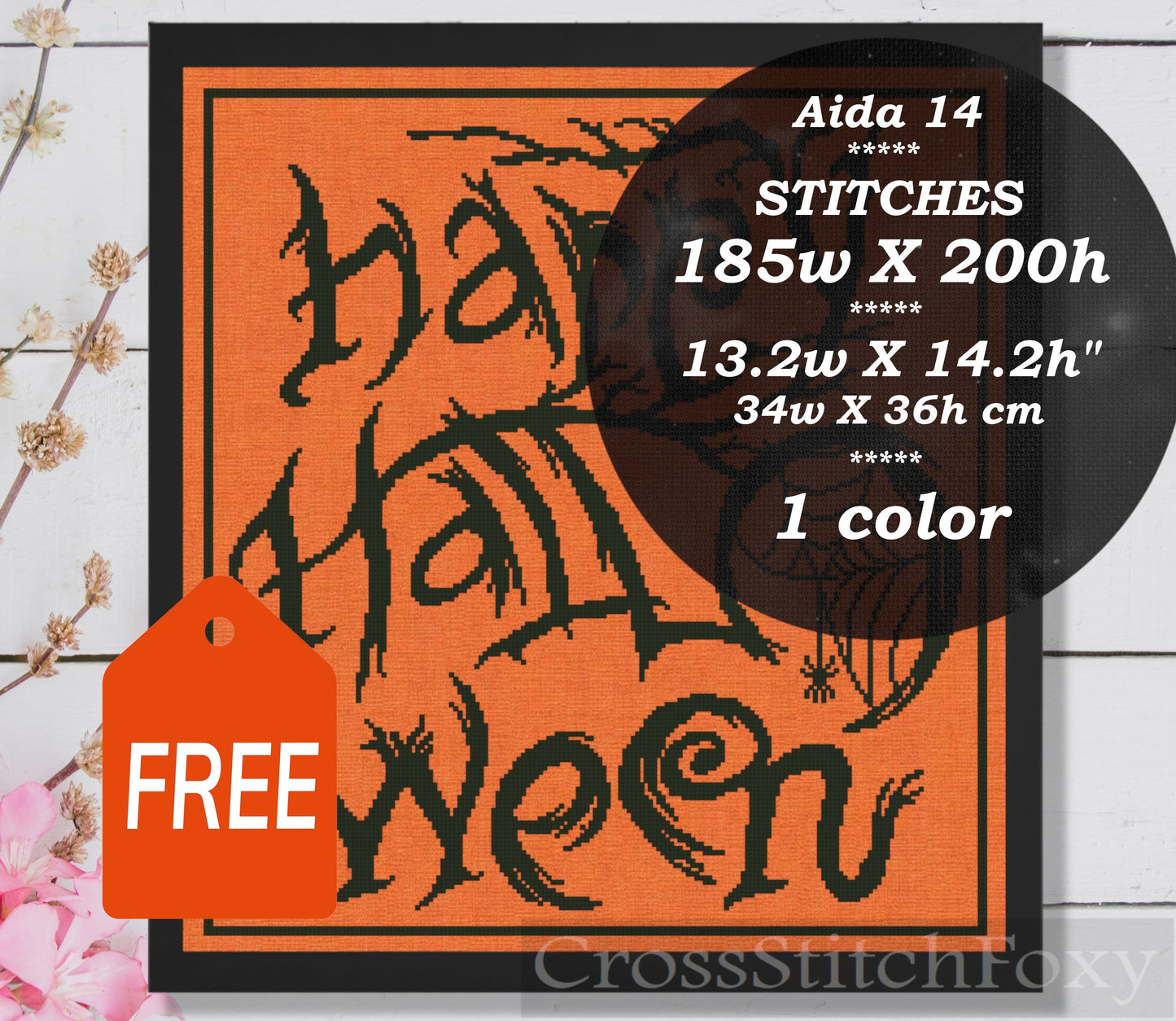 Happy Halloween spider web cross stitch pattern