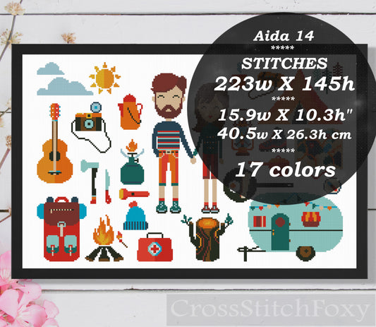 Camping cross stitch pattern