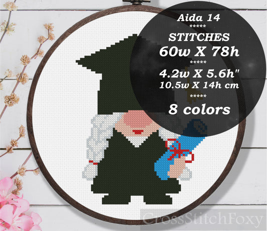 Graduation gnome girl cross stitch pattern
