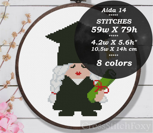 Graduation gnome girl cross stitch pattern