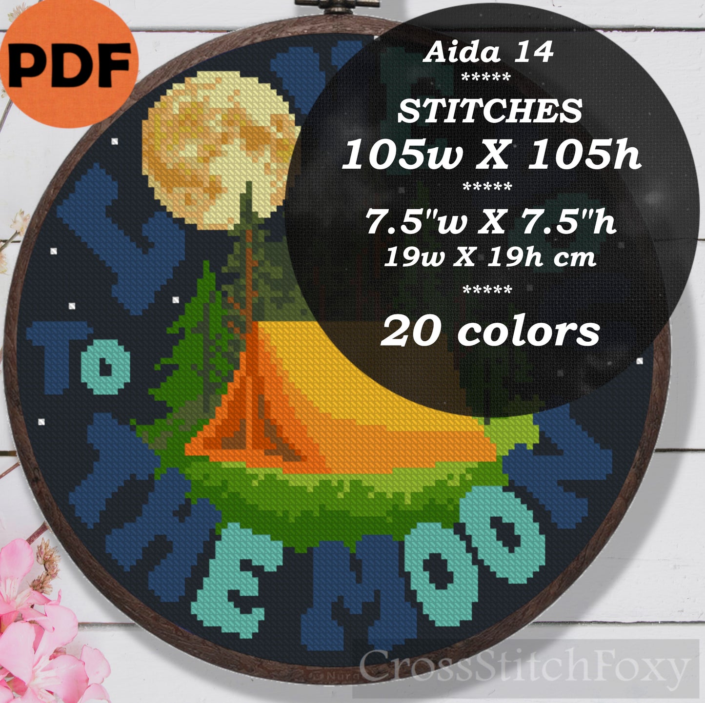 I Love You To The Moon camping cross stitch pattern