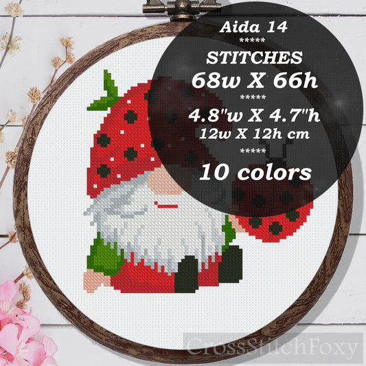 Ladybug Gnome cross stitch pattern