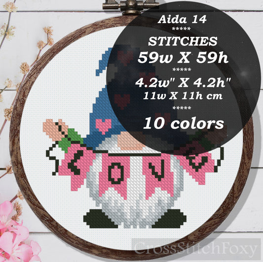 Love gnome cross stitch pattern
