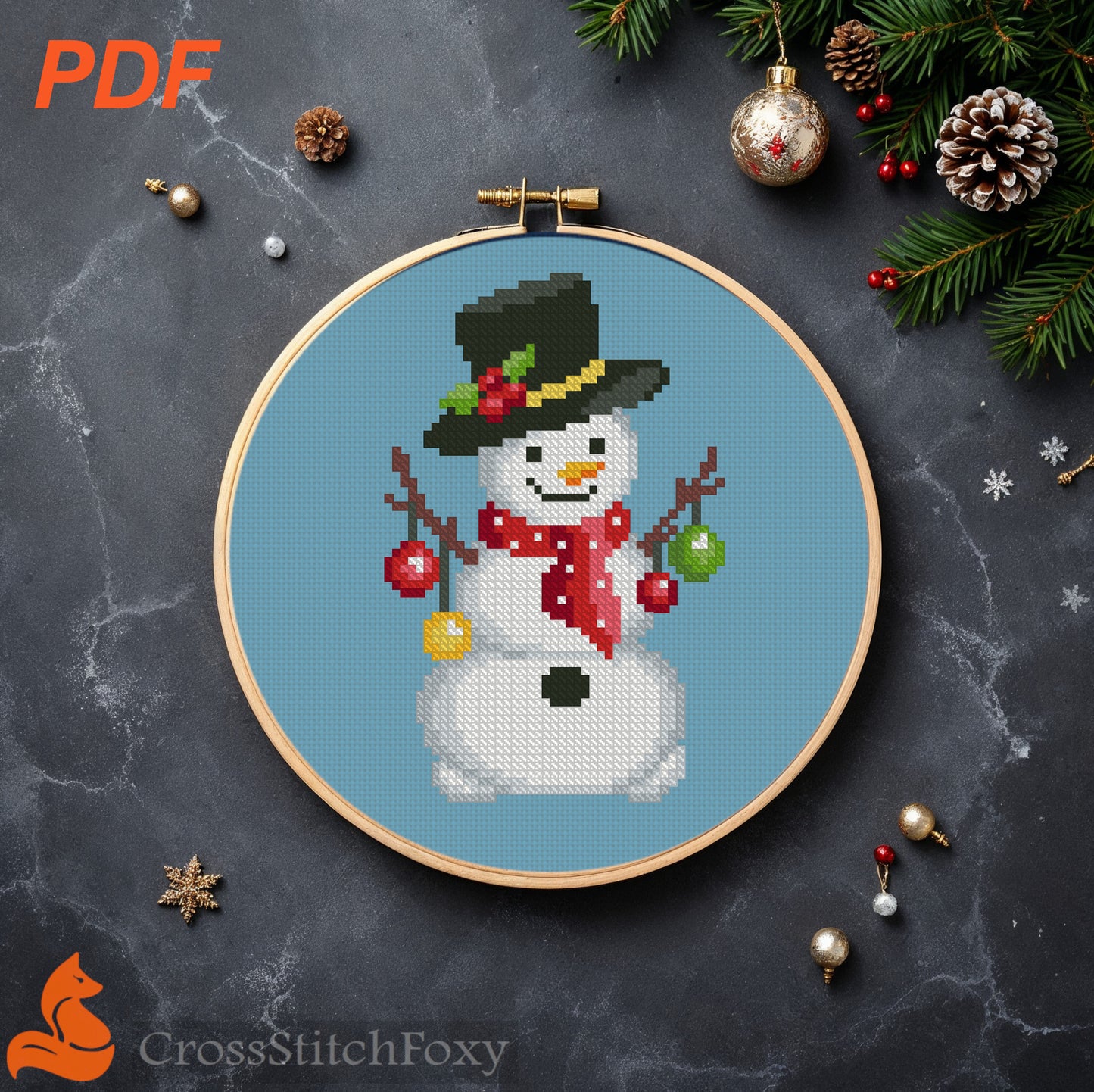 Snowman with Christmas Lights Cross Stitch Pattern
