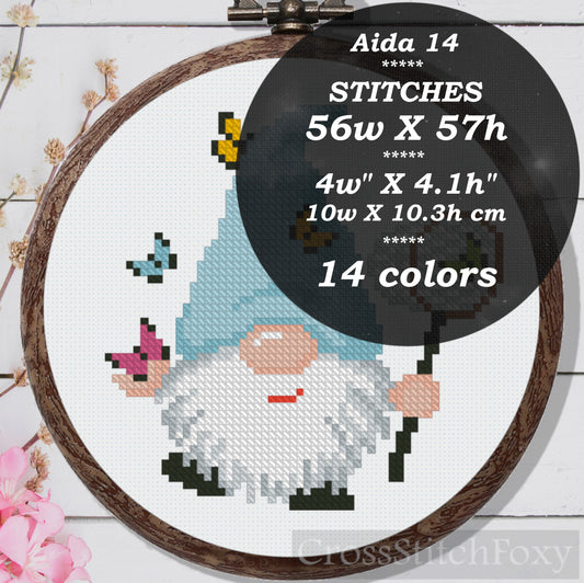 Spring gnome butterflies cross stitch pattern