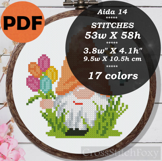 Spring gnome with flowers cross stitch pattern