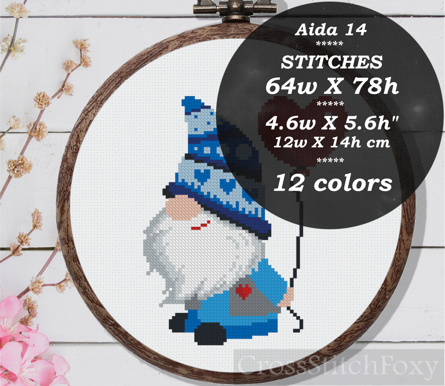 Valentine Gnome with Balloon cross stitch pattern