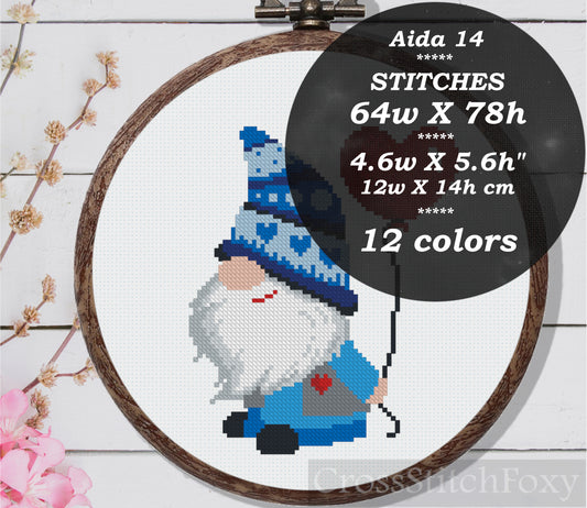 Valentine Gnome with Balloon cross stitch pattern