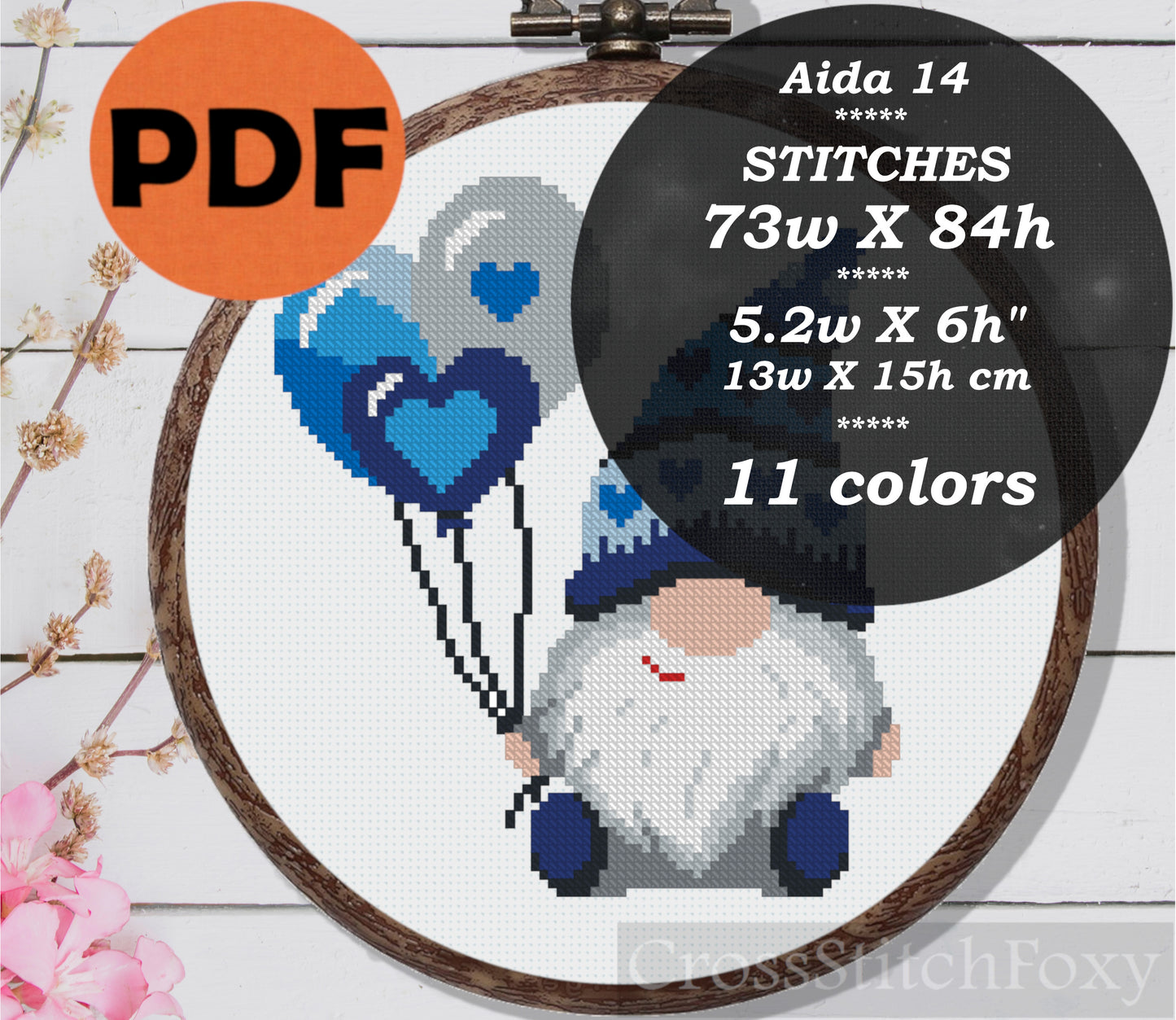 Valentine Gnome with balloons cross stitch pattern