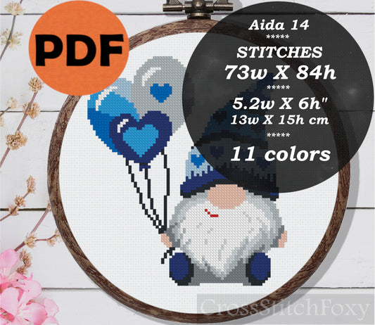 Valentine Gnome with balloons cross stitch pattern