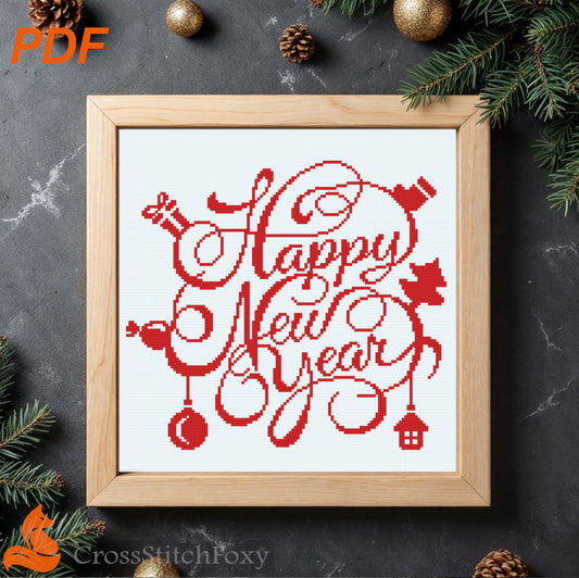 Happy New Year Lettering cross stitch pattern