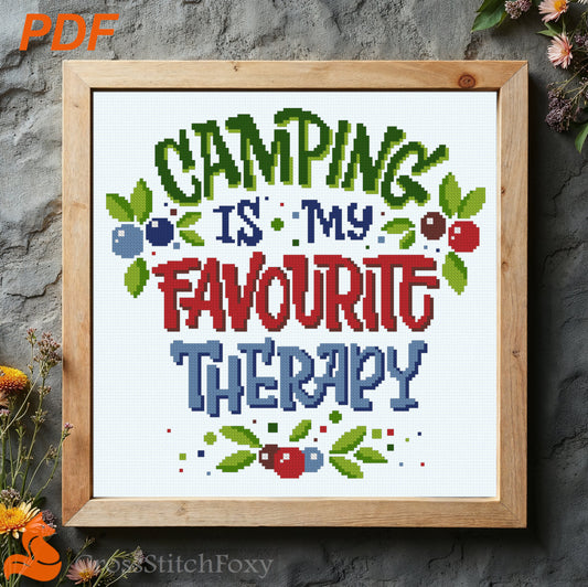 Camping Is My Therapy Cross Stitch Pattern US-UK spelling