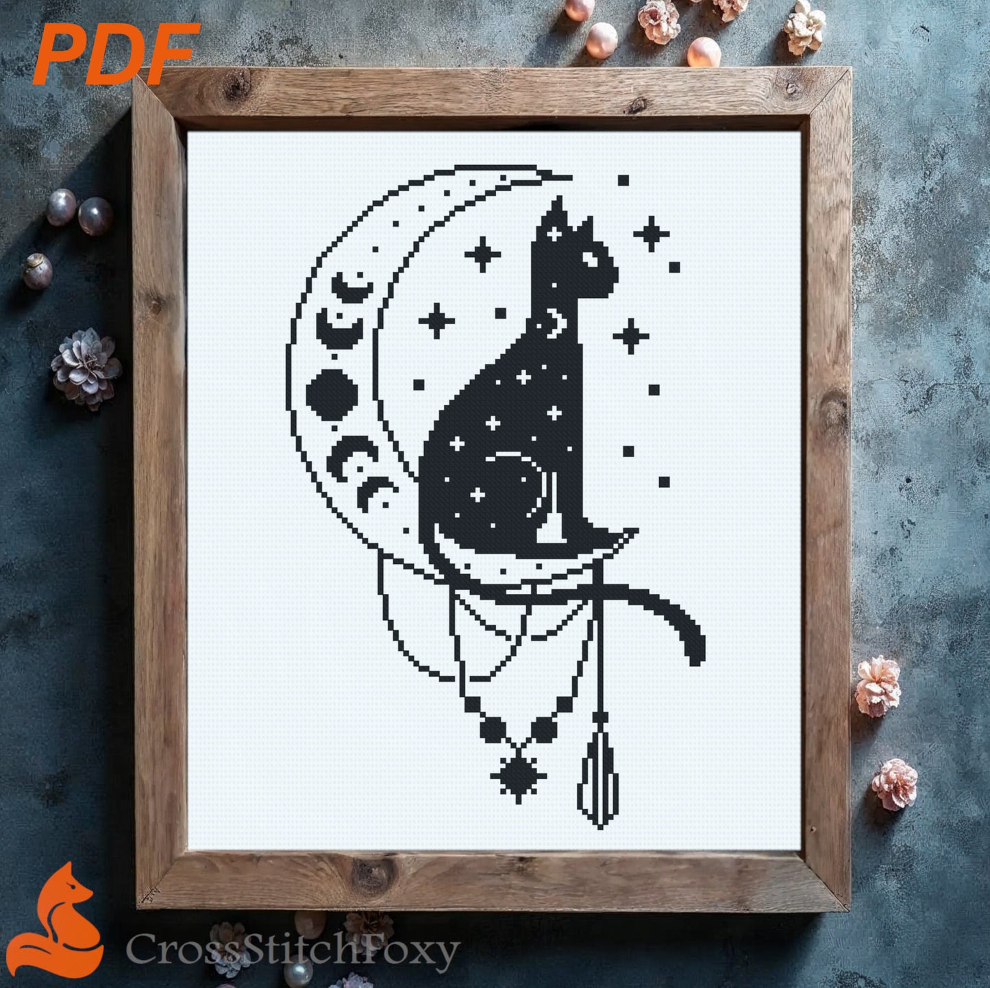 Mystical Cat on the Moon Cross Stitch Pattern