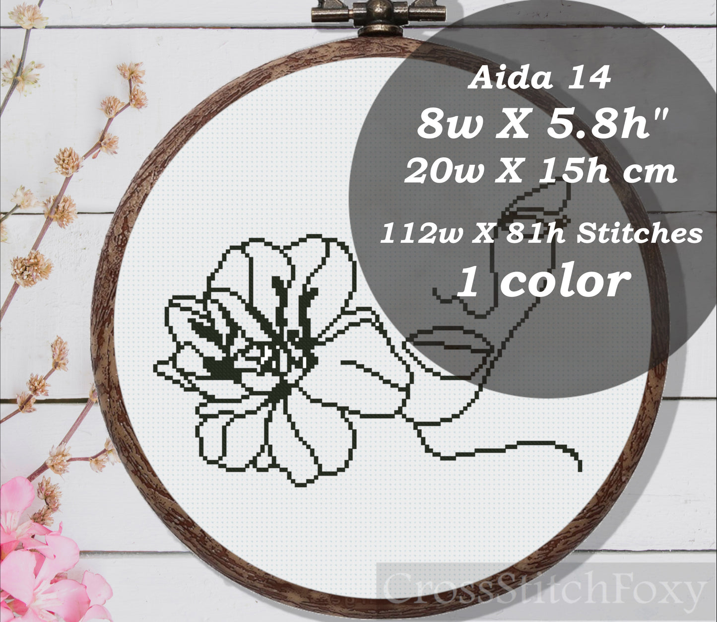 One line art female floral portrait cross stitch pattern