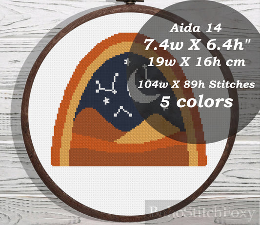 Boho rainbow moon and stars cross stitch pattern
