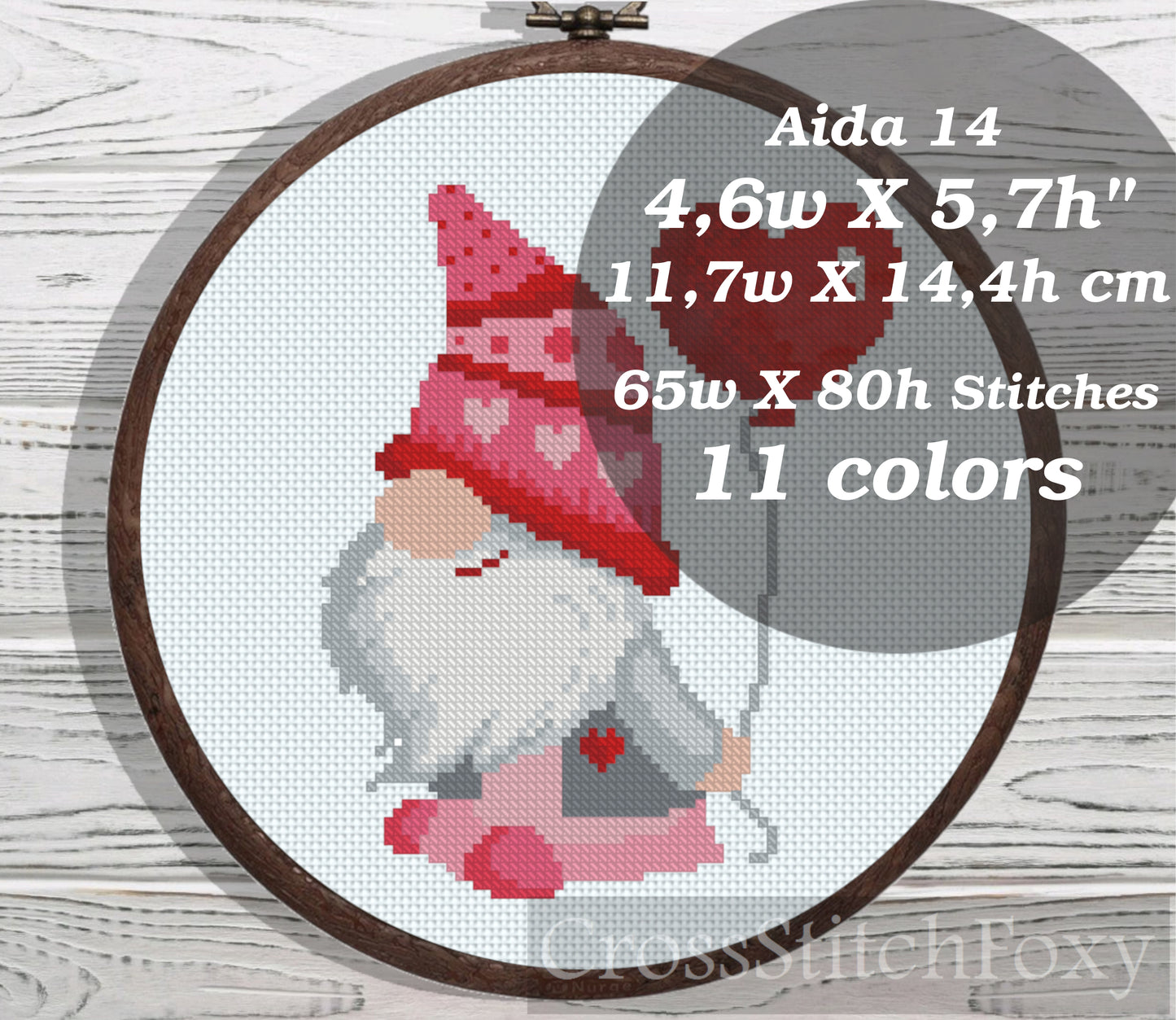 Valentine Gnome with Balloon cross stitch pattern
