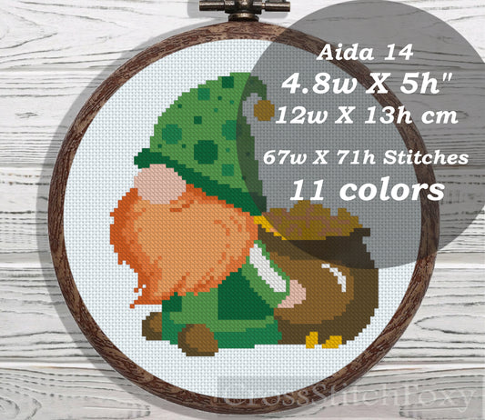 St Patrick Gnome with Treasure cross stitch pattern