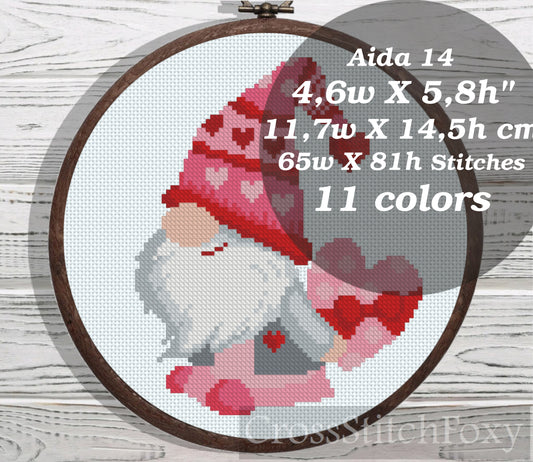 Valentine Gnome cross stitch pattern
