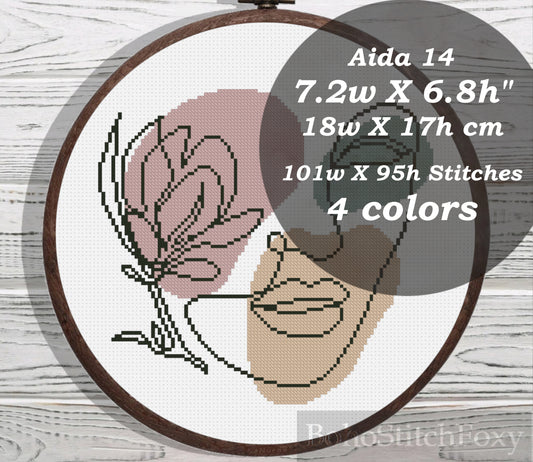 Boho woman with flower portrait cross stitch pattern