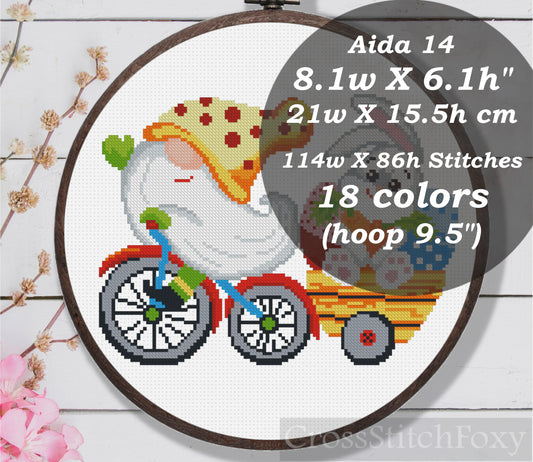 Easter Gnome Bunny Bike Cross Stitch Pattern