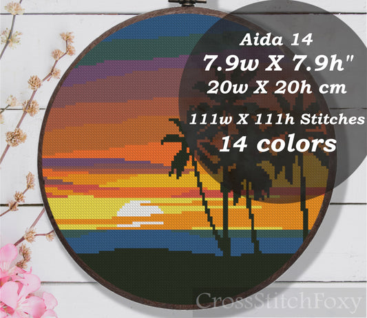 Sunset Palm Beach Ocean Landscape Cross Stitch Pattern