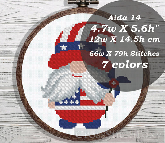 USA Patriotic Gnome cross stitch pattern
