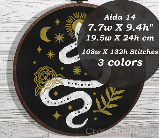 Mystical Snake Moon and Flowers cross stitch pattern