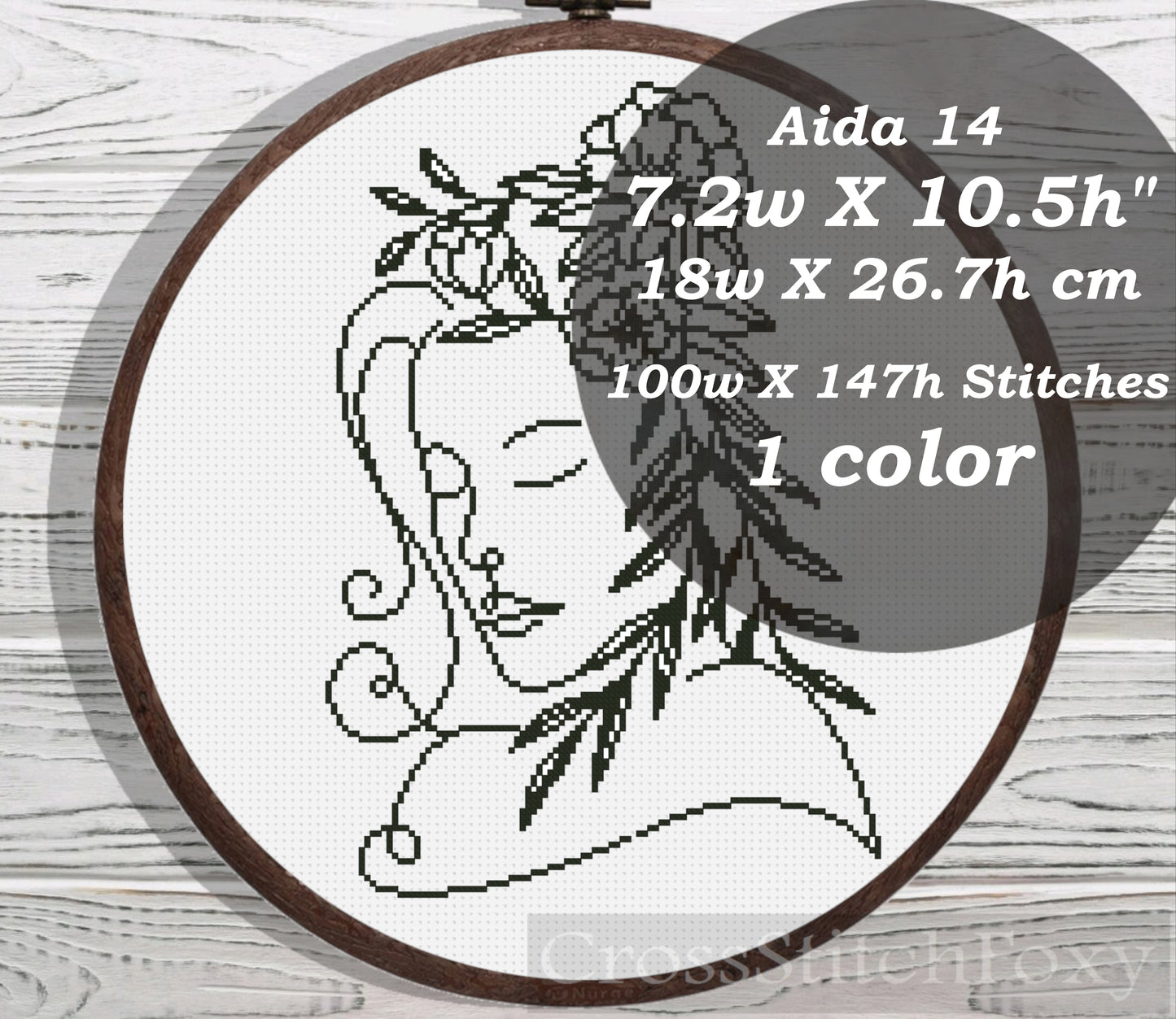 Line Art Female Floral Portrait cross stitch pattern