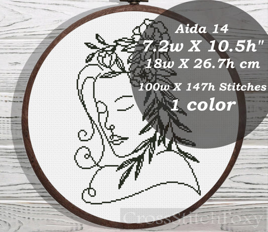 Line Art Female Floral Portrait cross stitch pattern