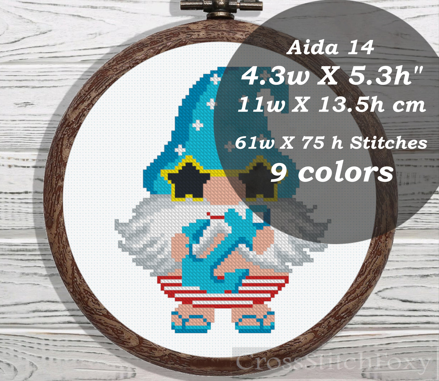 Summer gnome with sunglasses cross stitch pattern