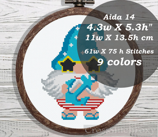 Summer gnome with sunglasses cross stitch pattern
