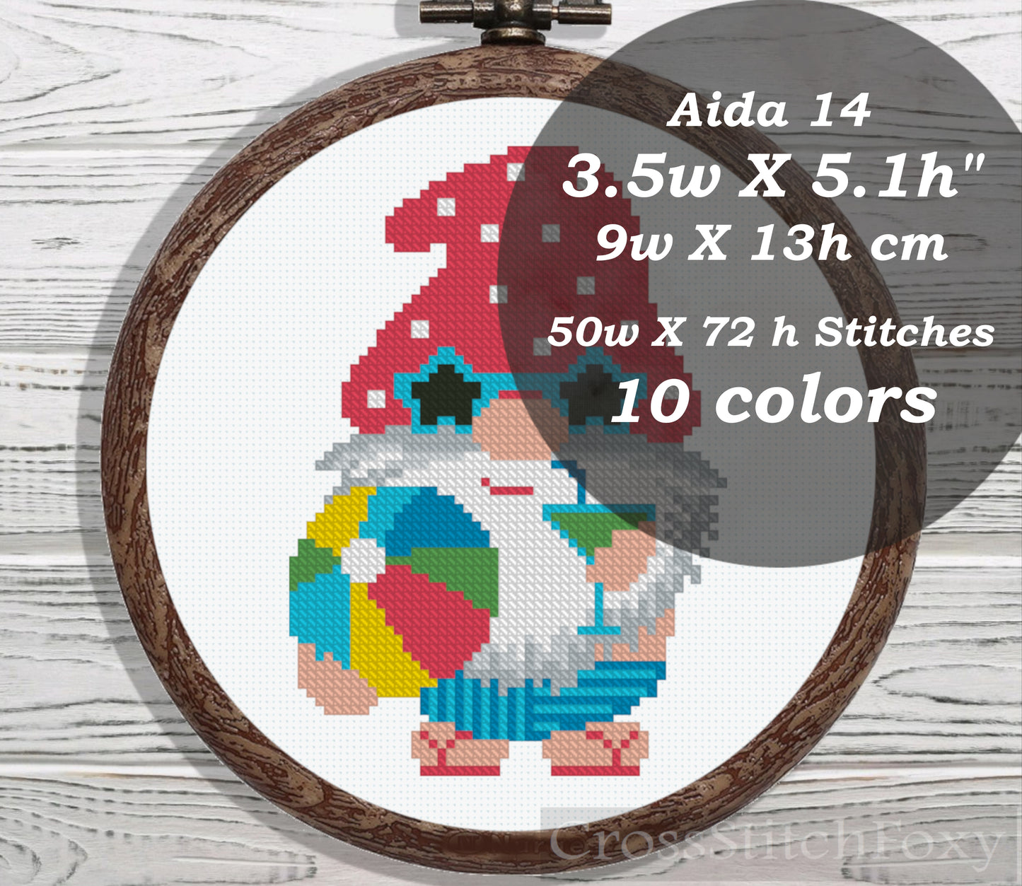 Summer gnome with sunglasses and ball cross stitch pattern
