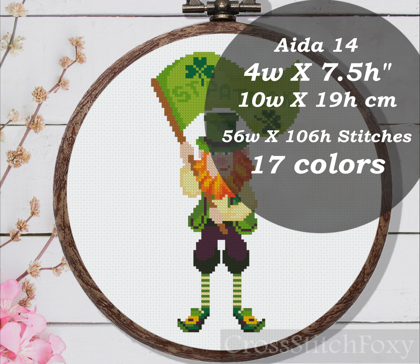St Patrick Irish gnome leprechaun cross stitch pattern