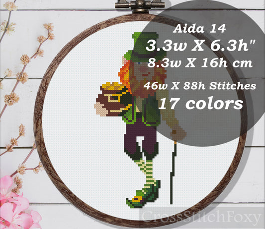 St Patrick Irish gnome leprechaun gold treasure cross stitch pattern