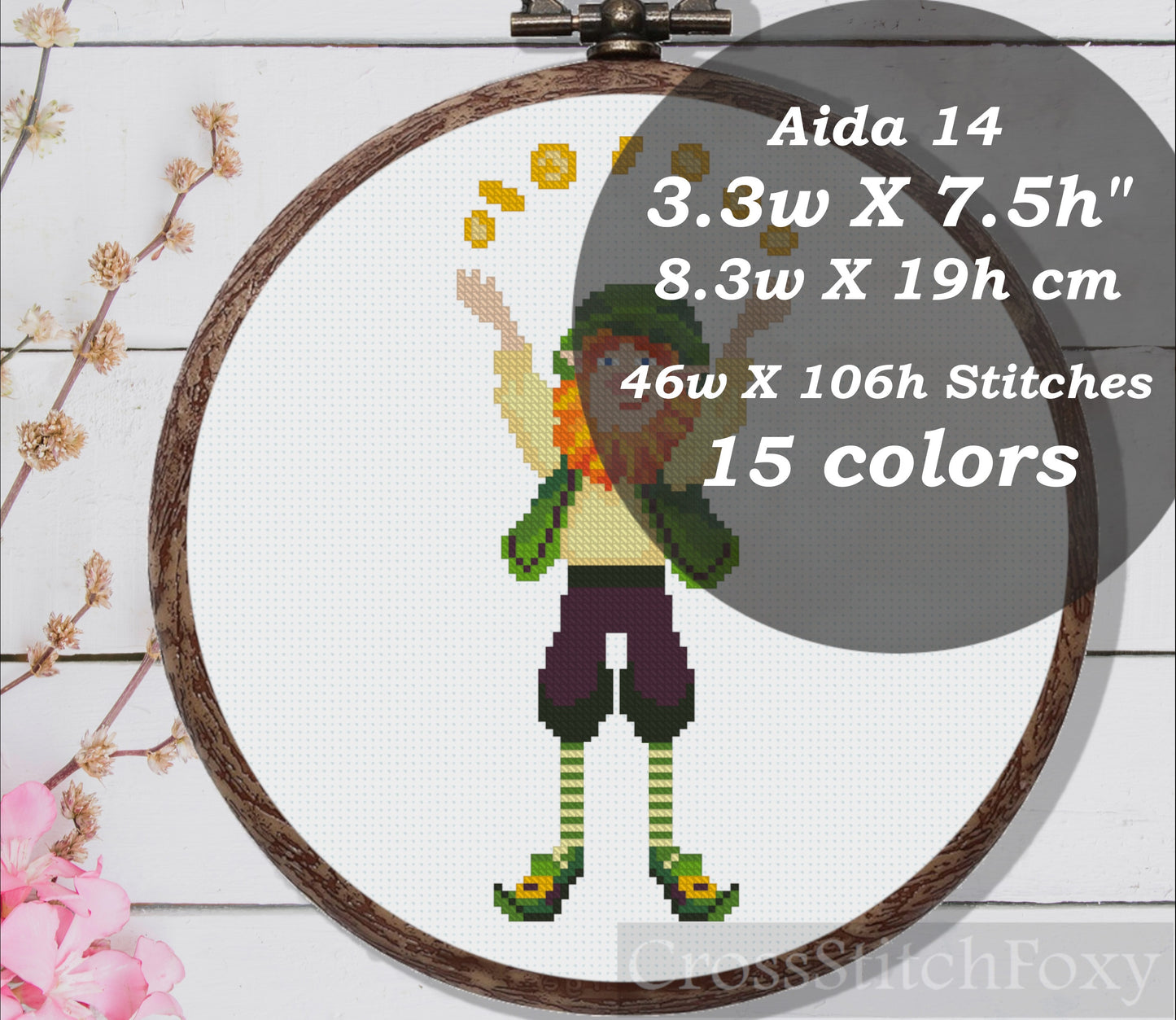 St Patrick Irish gnome leprechaun with gold cross stitch pattern