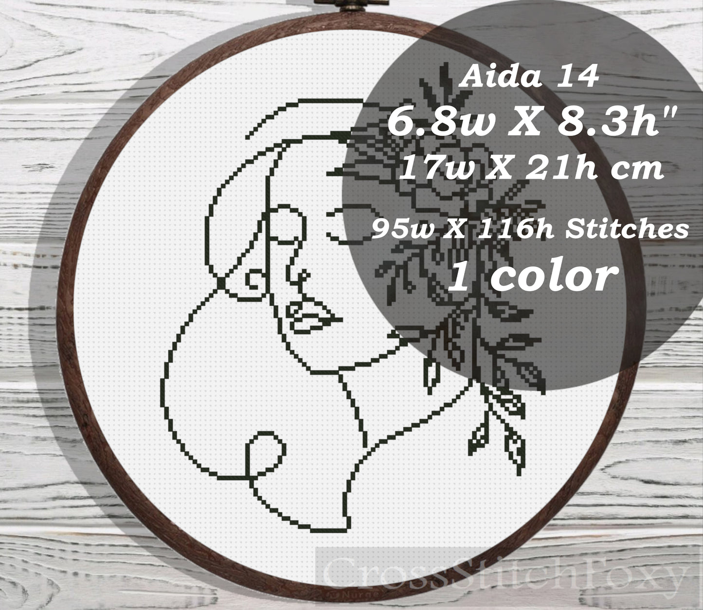 Line Art Female Floral Portrait cross stitch pattern