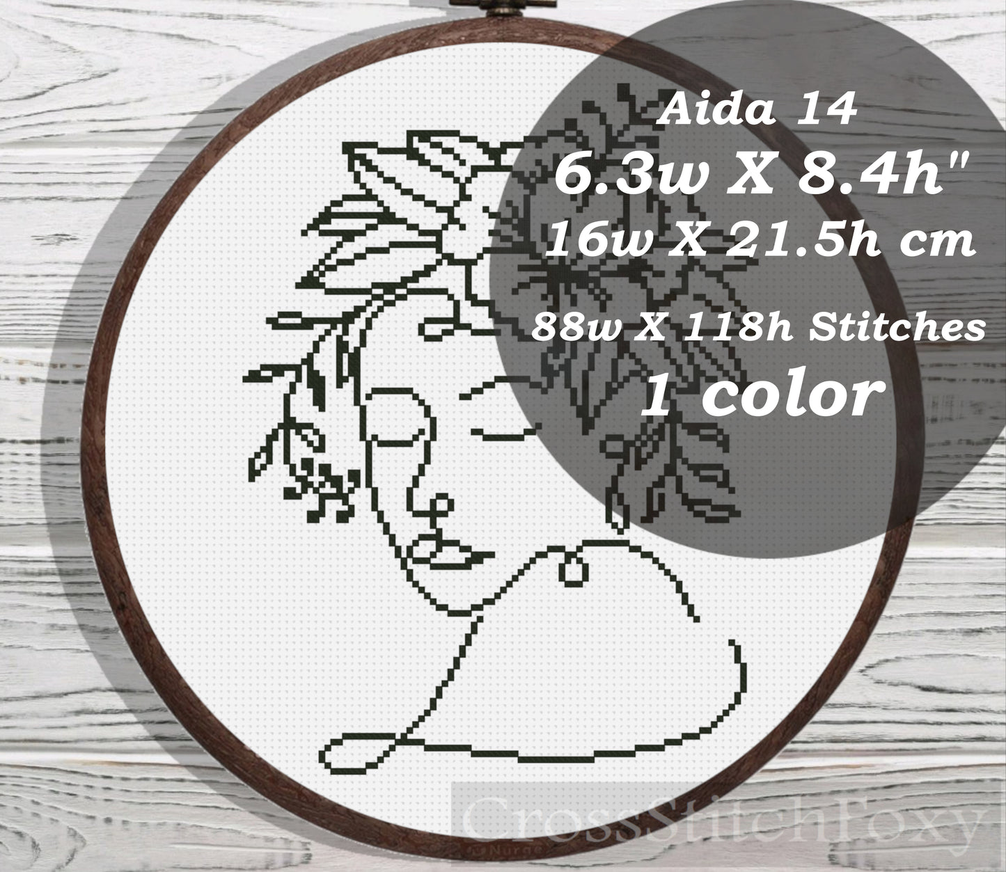 Line Art Female Floral Portrait cross stitch pattern