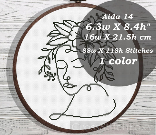 Line Art Female Floral Portrait cross stitch pattern