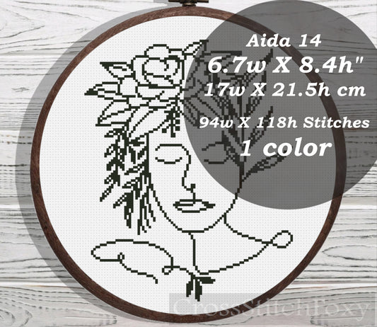 Line Art Female Floral Portrait cross stitch pattern