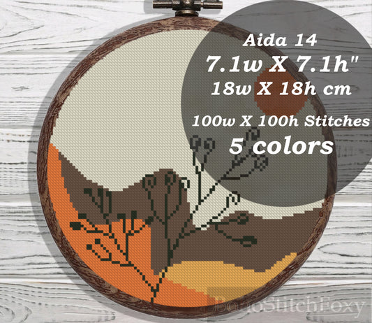 Sunset desert landscape with flowers cross stitch pattern