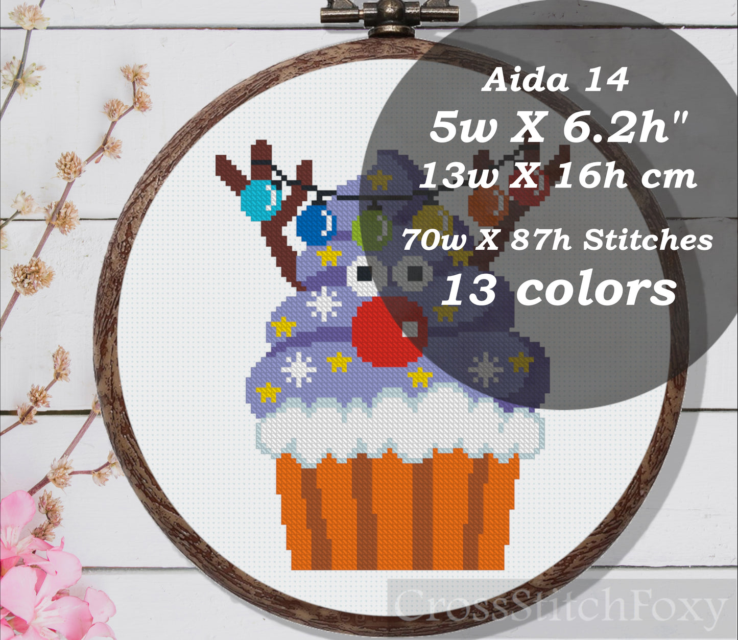 Christmas deer cupcake cross stitch pattern