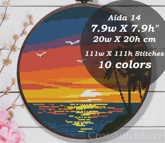 Ocean Palm Sunset Beach Landscape Cross Stitch Pattern