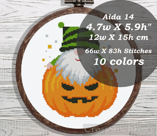 Halloween pumpkin gnome cross stitch pattern