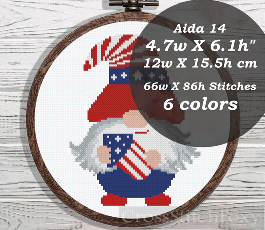 USA Patriotic Gnome cross stitch pattern