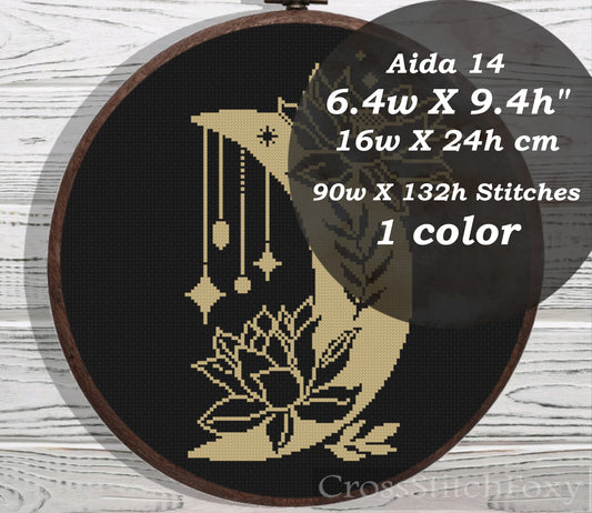 Mystical Moon Lotus Flowers cross stitch pattern