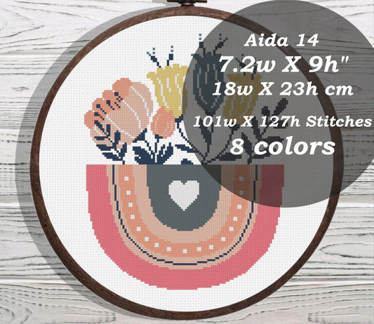 Nursery boho rainbow with flowers cross stitch pattern
