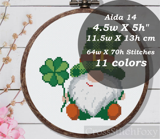 St. Patrick Irish Gnome Tartan Hat Shamrock Funny Cross Stitch Pattern