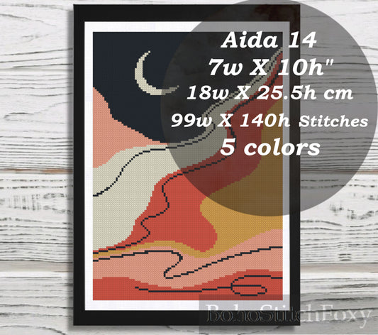 Abstract boho moon landscape cross stitch pattern
