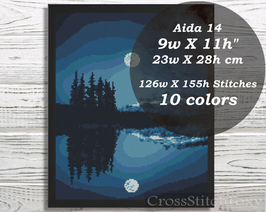 Moonlight landscape cross stitch pattern